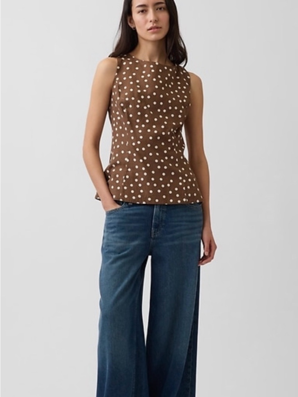 Polka Dot Sleeveless Boat Neck Top - Brown